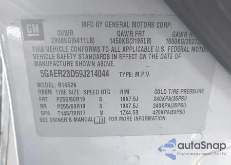 2009 Buick Enclave Cxl из США, поврежденный, VIN 5GAER23D59J214044